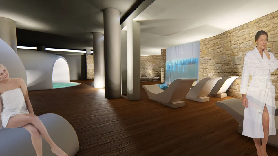 Rendering del progetto: area relax con lettini e parete in pietra