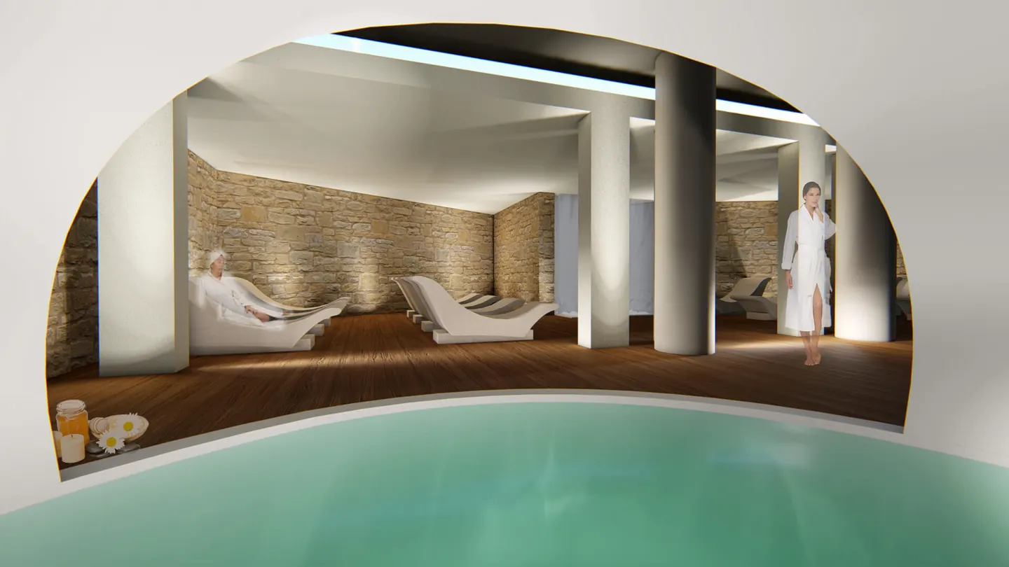 Rendering del progetto: la vasca idromassaggio della spa
